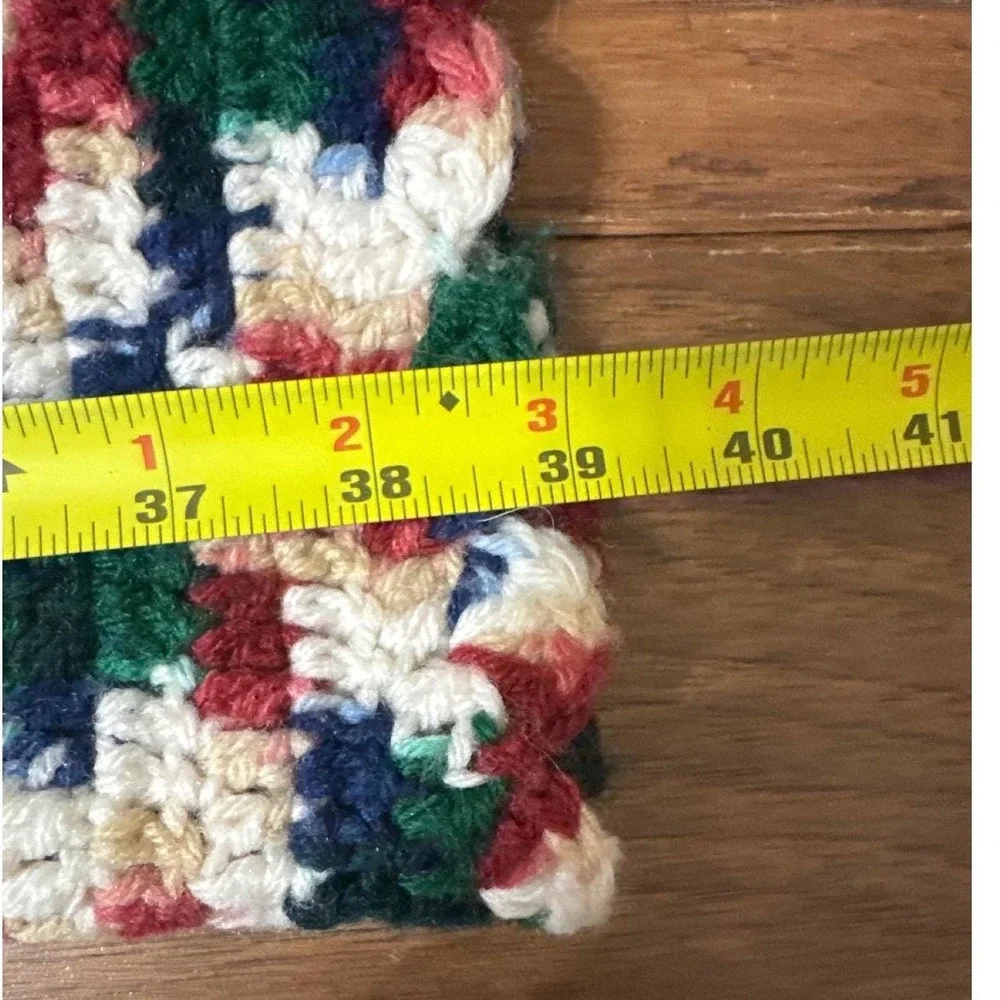Vintage Handmade‎ Crochet Afghan Blanket Multi Color Navy Green Red Cream 60x39